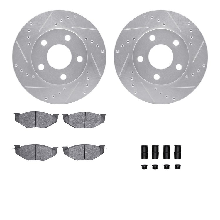 7512-40215 Drilled/Slotted Brake Rotors w/5000 Advanced Brake Pads Kit & Hardware [Silver], 1987-1988 Mopar, Position: Front
