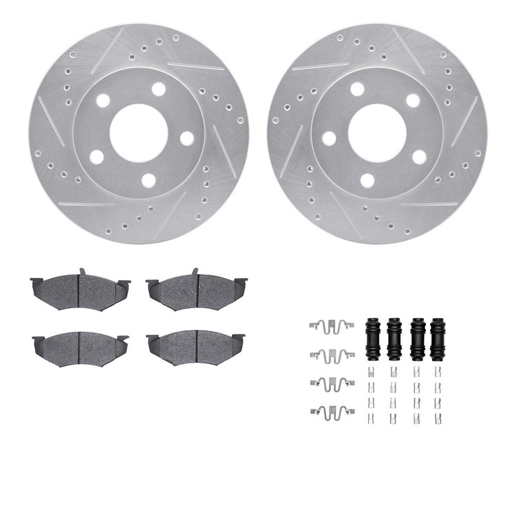 7512-40216 Drilled/Slotted Brake Rotors w/5000 Advanced Brake Pads Kit & Hardware [Silver], 1989-1990 Mopar, Position: Front
