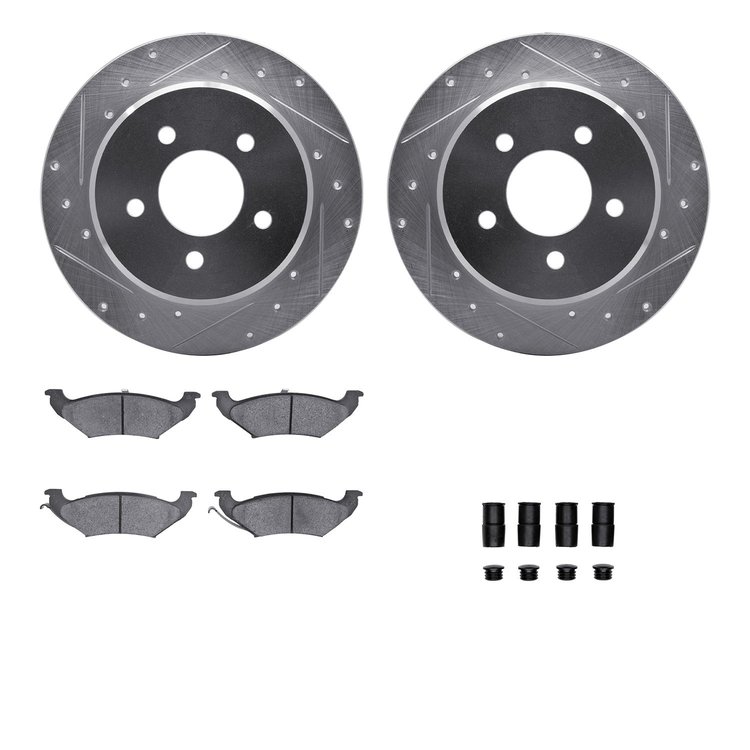 7512-40278 Drilled/Slotted Brake Rotors w/5000 Advanced Brake Pads Kit & Hardware [Silver], 1997-2000 Mopar, Position: Rear