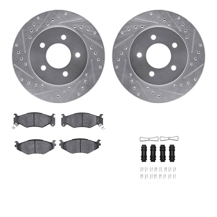 7512-40293 Drilled/Slotted Brake Rotors w/5000 Advanced Brake Pads Kit & Hardware [Silver], 1991-1995 Mopar, Position: Front