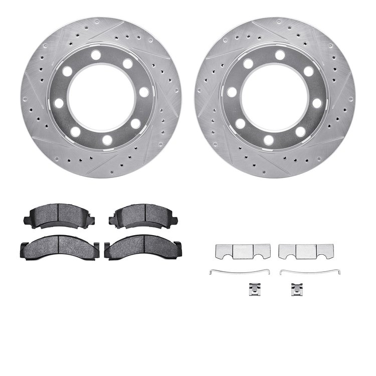7512-40297 Drilled/Slotted Brake Rotors w/5000 Advanced Brake Pads Kit & Hardware [Silver], 1975-1993 Mopar, Position: Front