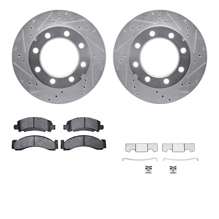 7512-40303 Drilled/Slotted Brake Rotors w/5000 Advanced Brake Pads Kit & Hardware [Silver], 1977-1993 Multiple Makes/Models, Pos