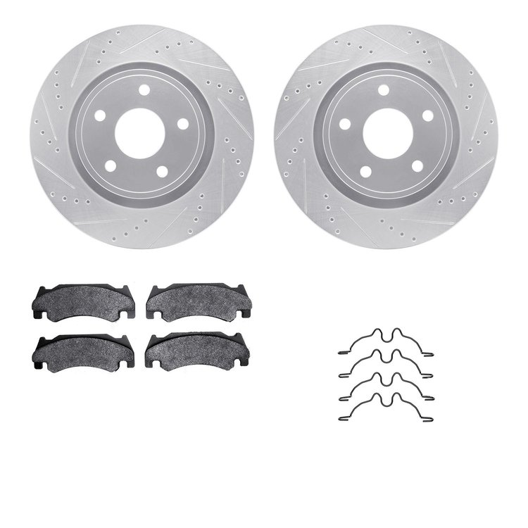 7512-40457 Drilled/Slotted Brake Rotors w/5000 Advanced Brake Pads Kit & Hardware [Silver], 2005-2006 Mopar, Position: Front