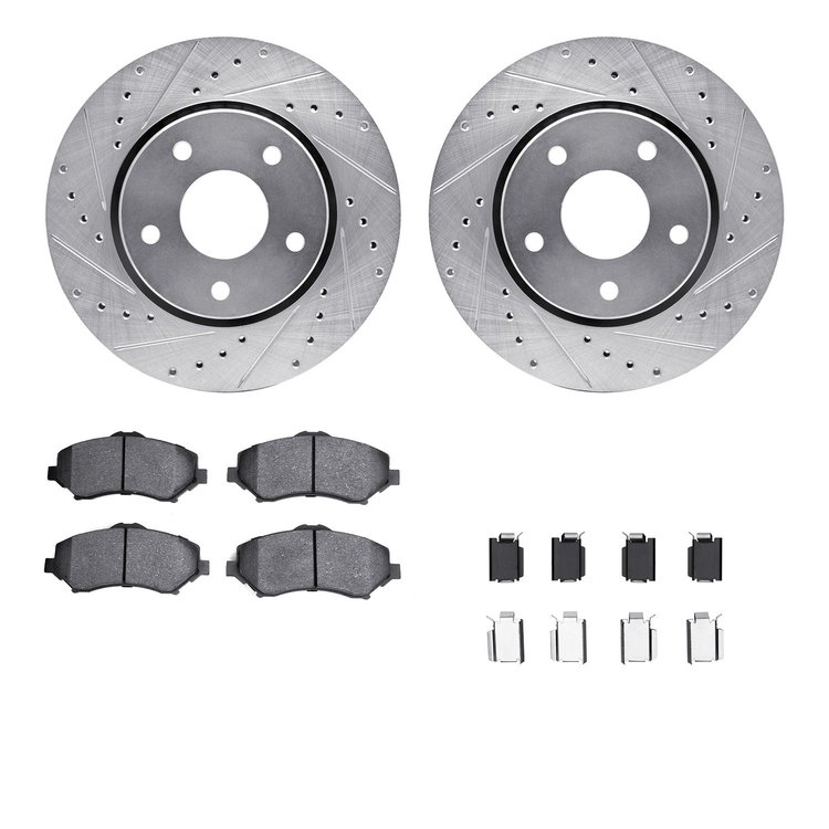 7512-40468 Drilled/Slotted Brake Rotors w/5000 Advanced Brake Pads Kit & Hardware [Silver], 2008-2008 Mopar, Position: Front