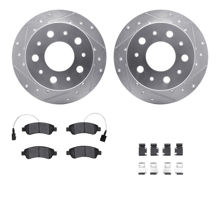 7512-40504 Drilled/Slotted Brake Rotors w/5000 Advanced Brake Pads Kit & Hardware [Silver], 2014-2021 Mopar, Position: Rear