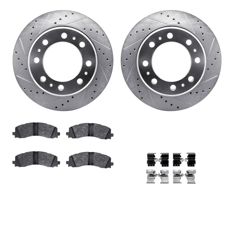 7512-40518 Drilled/Slotted Brake Rotors w/5000 Advanced Brake Pads Kit & Hardware [Silver], Fits Select Mopar, Position: Rear