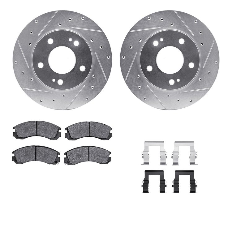 7512-41000 Drilled/Slotted Brake Rotors w/5000 Advanced Brake Pads Kit & Hardware [Silver], 1998-1998 Mopar, Position: Front