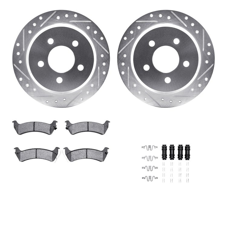 7512-42018 Drilled/Slotted Brake Rotors w/5000 Advanced Brake Pads Kit & Hardware [Silver], 1993-1994 Mopar, Position: Rear