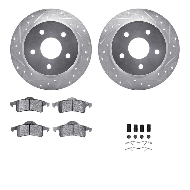 7512-42020 Drilled/Slotted Brake Rotors w/5000 Advanced Brake Pads Kit & Hardware [Silver], 1999-2004 Mopar, Position: Rear