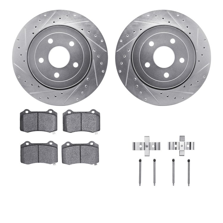 7512-42024 Drilled/Slotted Brake Rotors w/5000 Advanced Brake Pads Kit & Hardware [Silver], 2006-2010 Mopar, Position: Rear
