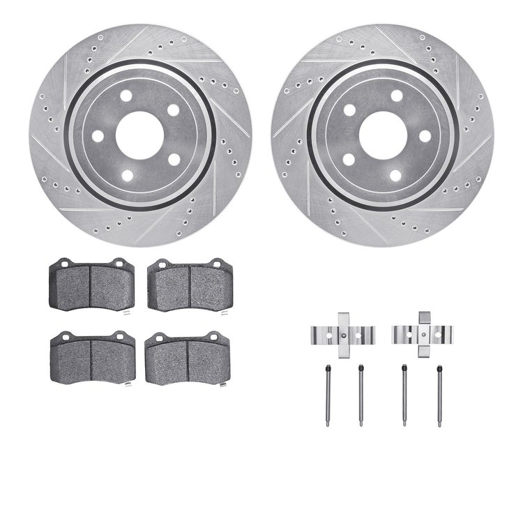 7512-42025 Drilled/Slotted Brake Rotors w/5000 Advanced Brake Pads Kit & Hardware [Silver], Fits Select Mopar, Position: Rear