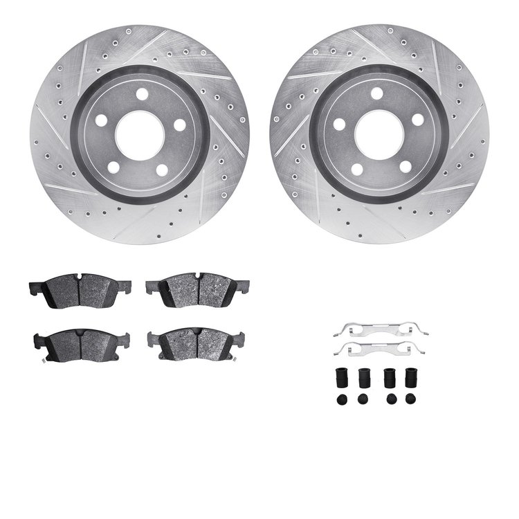 7512-42049 Drilled/Slotted Brake Rotors w/5000 Advanced Brake Pads Kit & Hardware [Silver], 2013-2021 Mopar, Position: Front