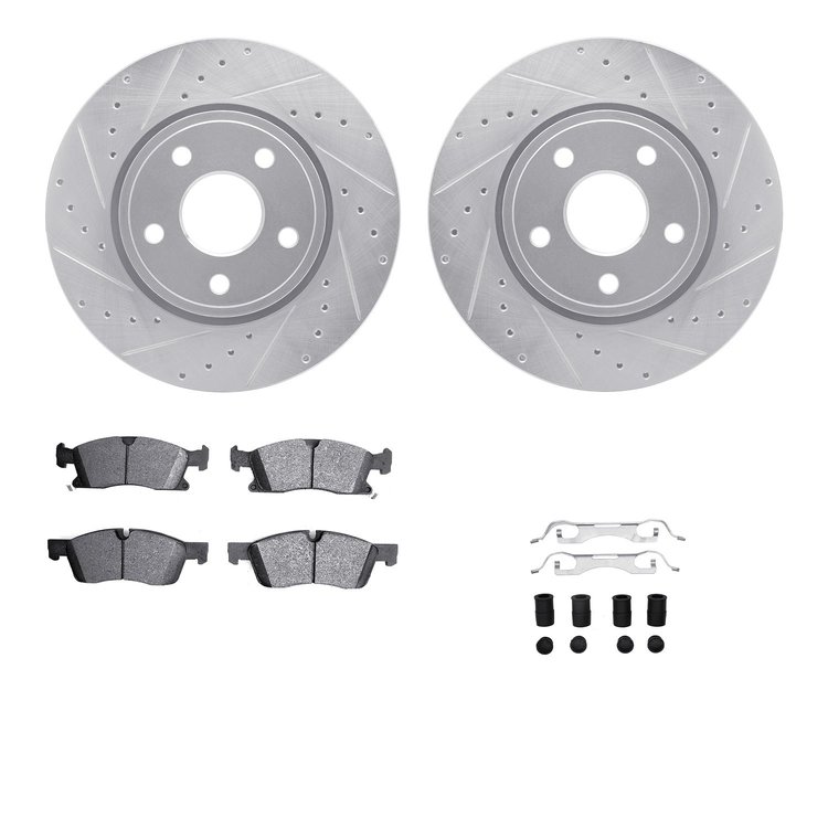 7512-42050 Drilled/Slotted Brake Rotors w/5000 Advanced Brake Pads Kit & Hardware [Silver], Fits Select Mopar, Position: Front