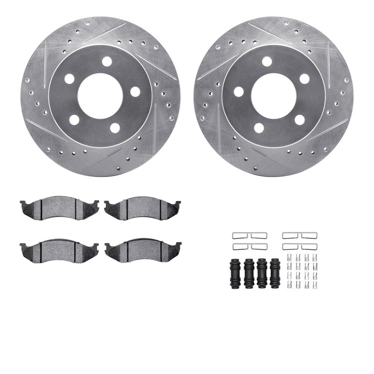 7512-42058 Drilled/Slotted Brake Rotors w/5000 Advanced Brake Pads Kit & Hardware [Silver], 1993-1999 Mopar, Position: Front