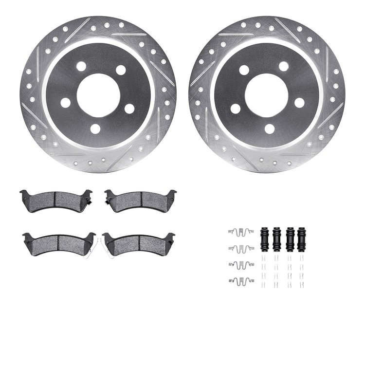 7512-42059 Drilled/Slotted Brake Rotors w/5000 Advanced Brake Pads Kit & Hardware [Silver], 1995-1998 Mopar, Position: Rear