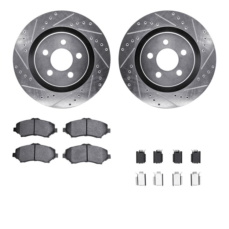 7512-42147 Drilled/Slotted Brake Rotors w/5000 Advanced Brake Pads Kit & Hardware [Silver], 2011-2012 Mopar, Position: Front