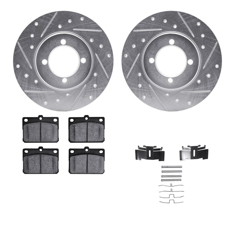7512-43001 Drilled/Slotted Brake Rotors w/5000 Advanced Brake Pads Kit & Hardware [Silver], 1974-1987 Multiple Makes/Models, Pos