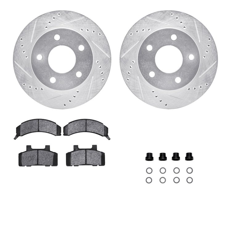 7512-45053 Drilled/Slotted Brake Rotors w/5000 Advanced Brake Pads Kit & Hardware [Silver], 1983-1990 GM, Position: Front