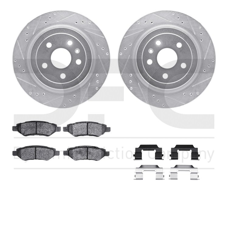 7512-46020 Drilled/Slotted Brake Rotors w/5000 Advanced Brake Pads Kit & Hardware [Silver], 2008-2014 GM, Position: Rear