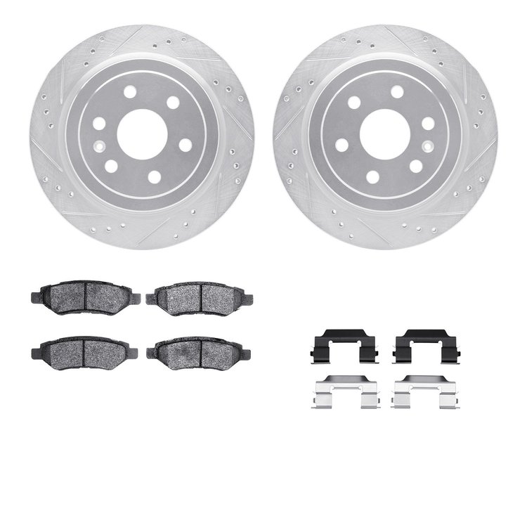 7512-46046 Drilled/Slotted Brake Rotors w/5000 Advanced Brake Pads Kit & Hardware [Silver], 2010-2016 GM, Position: Rear