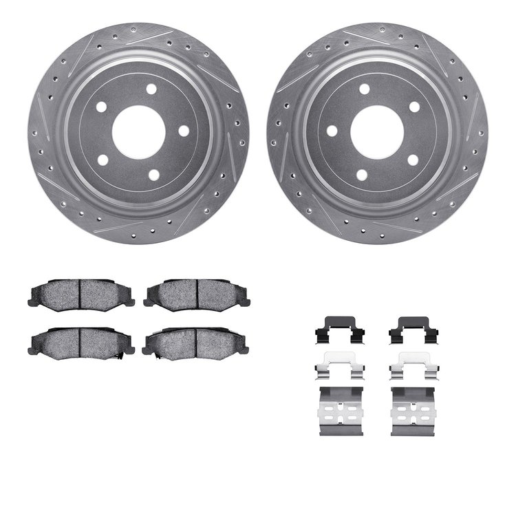 7512-46089 Drilled/Slotted Brake Rotors w/5000 Advanced Brake Pads Kit & Hardware [Silver], 1997-2013 GM, Position: Rear