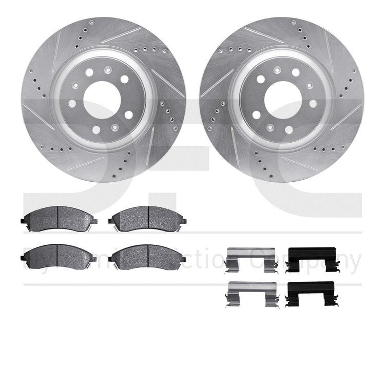 7512-46139 Drilled/Slotted Brake Rotors w/5000 Advanced Brake Pads Kit & Hardware [Silver], 2004-2005 GM, Position: Front