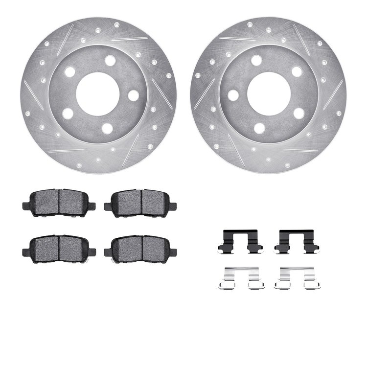 7512-47022 Drilled/Slotted Brake Rotors w/5000 Advanced Brake Pads Kit & Hardware [Silver], 2004-2016 GM, Position: Rear