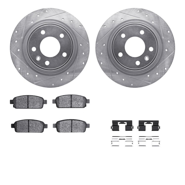 7512-47025 Drilled/Slotted Brake Rotors w/5000 Advanced Brake Pads Kit & Hardware [Silver], 2011-2019 GM, Position: Rear