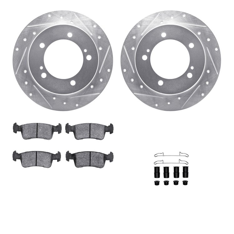 7512-47026 Drilled/Slotted Brake Rotors w/5000 Advanced Brake Pads Kit & Hardware [Silver], 1986-1994 Suzuki, Position: Front