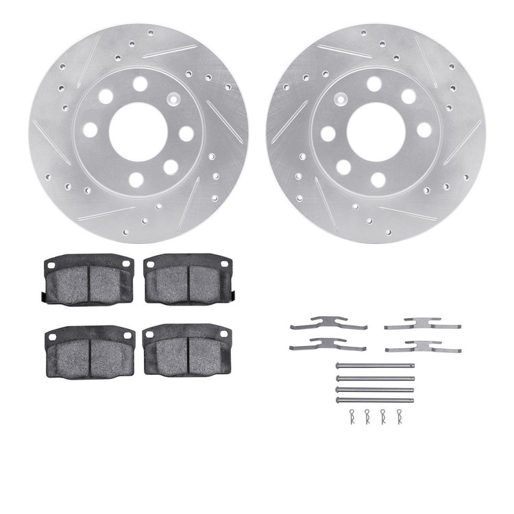 7512-47027 Drilled/Slotted Brake Rotors w/5000 Advanced Brake Pads Kit & Hardware [Silver], 1988-1993 GM, Position: Front