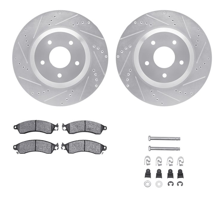 7512-47054 Drilled/Slotted Brake Rotors w/5000 Advanced Brake Pads Kit & Hardware [Silver], 1988-1996 GM, Position: Front