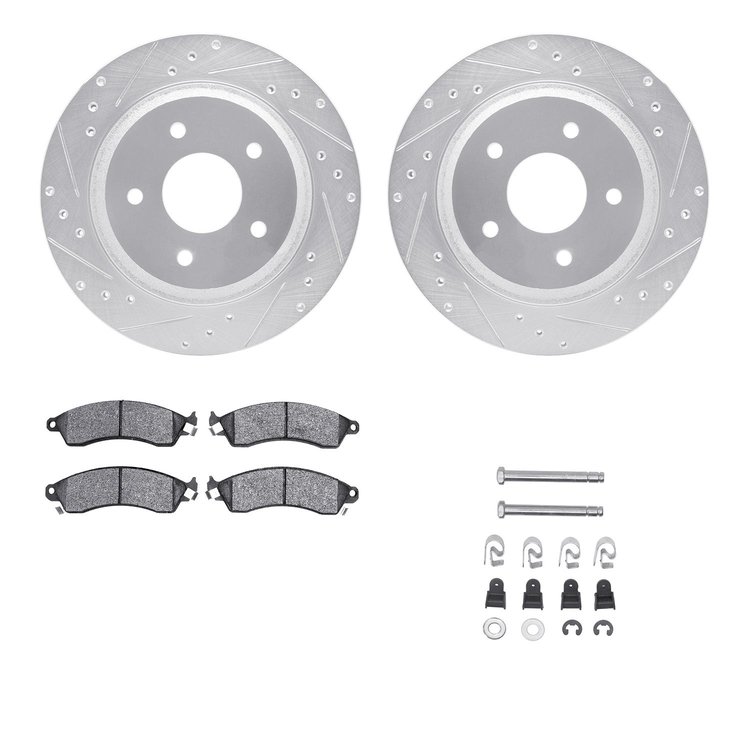 7512-47091 Drilled/Slotted Brake Rotors w/5000 Advanced Brake Pads Kit & Hardware [Silver], 1988-1994 GM, Position: Front
