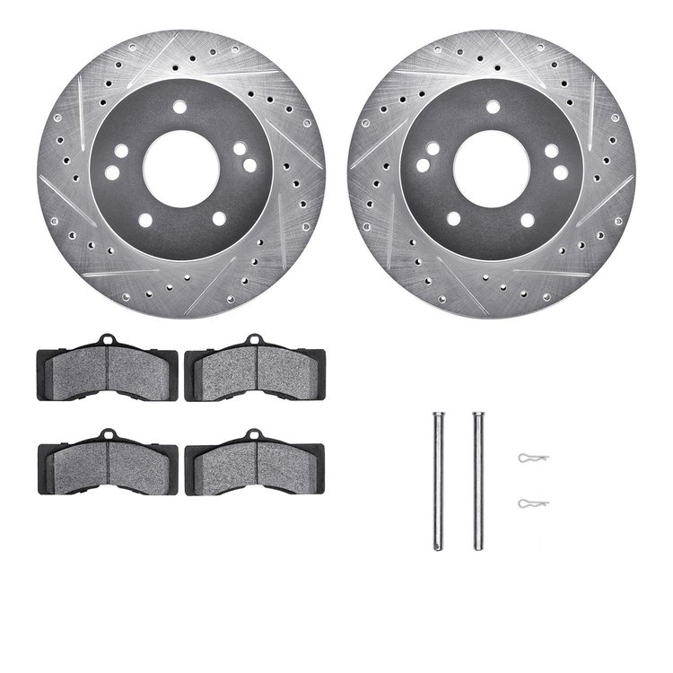 7512-47116 Drilled/Slotted Brake Rotors w/5000 Advanced Brake Pads Kit & Hardware [Silver], 1963-1982 GM, Position: Front, Rear