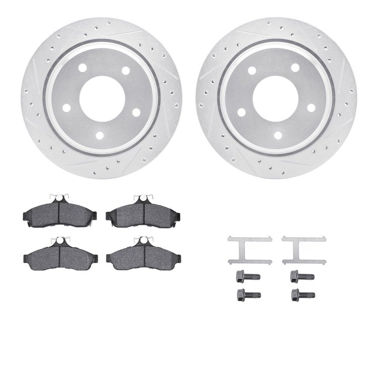 7512-47170 Drilled/Slotted Brake Rotors w/5000 Advanced Brake Pads Kit & Hardware [Silver], 1994-1996 GM, Position: Rear