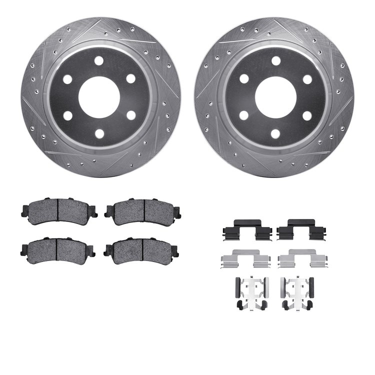 7512-48042 Drilled/Slotted Brake Rotors w/5000 Advanced Brake Pads Kit & Hardware [Silver], 2003-2007 GM, Position: Rear