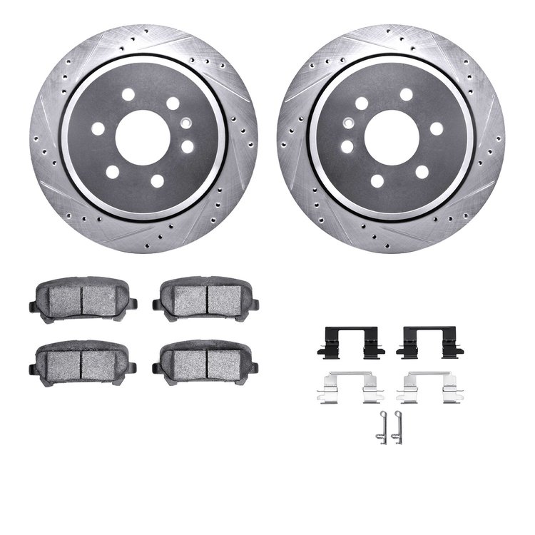 7512-48072 Drilled/Slotted Brake Rotors w/5000 Advanced Brake Pads Kit & Hardware [Silver], 2015-2020 GM, Position: Rear
