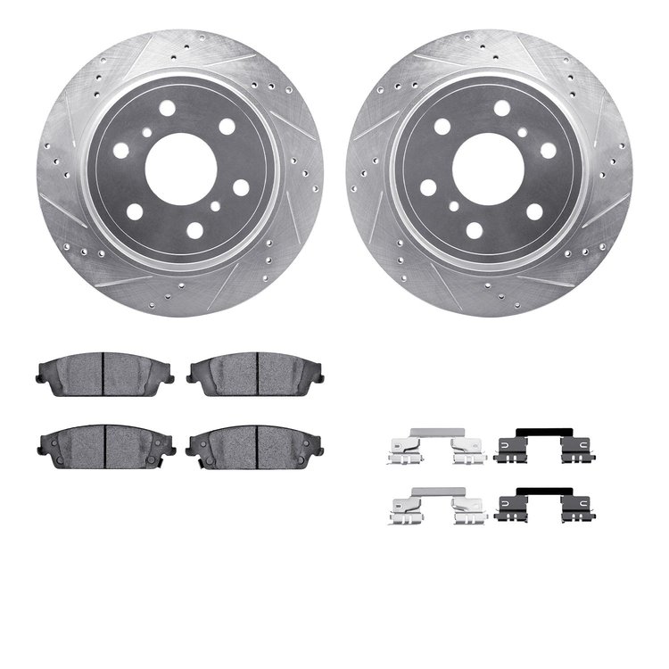 7512-48310 Drilled/Slotted Brake Rotors w/5000 Advanced Brake Pads Kit & Hardware [Silver], 2015-2020 GM, Position: Rear