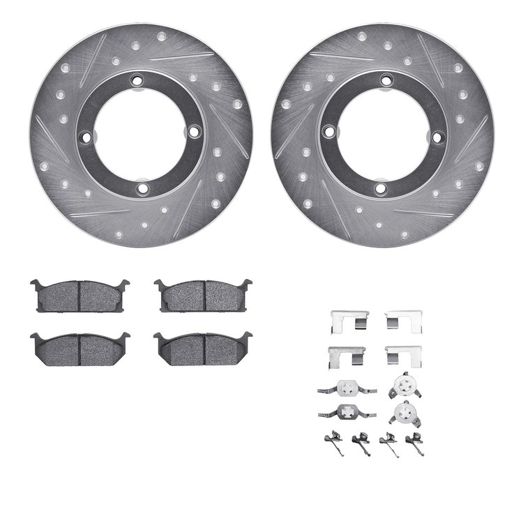 7512-50004 Drilled/Slotted Brake Rotors w/5000 Advanced Brake Pads Kit & Hardware [Silver], 1985-1988 Multiple Makes/Models, Pos