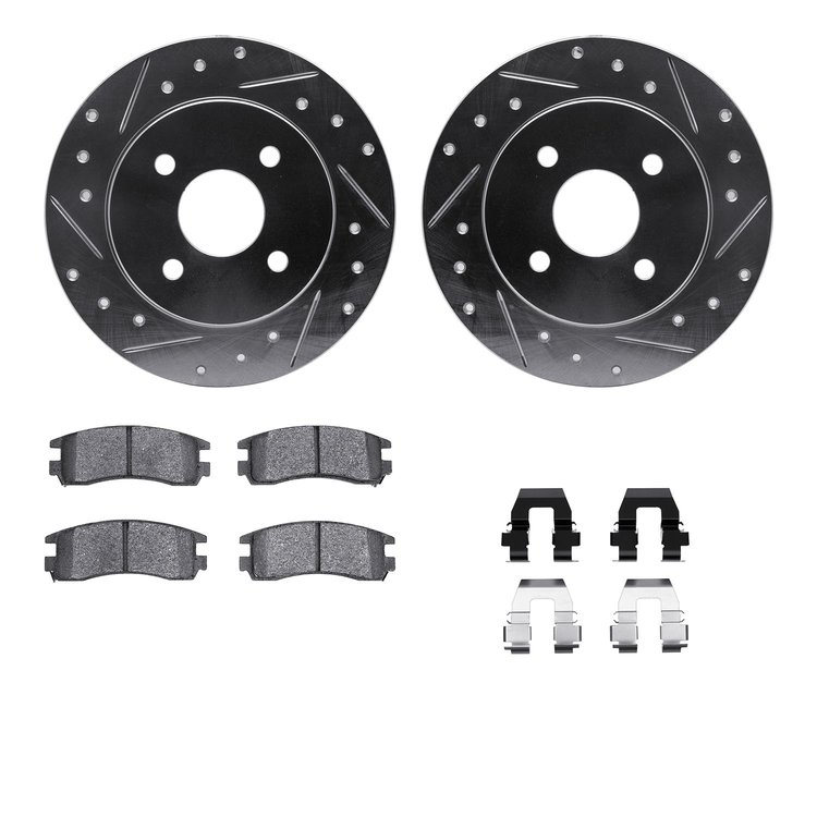 7512-53010 Drilled/Slotted Brake Rotors w/5000 Advanced Brake Pads Kit & Hardware [Silver], 1991-1998 GM, Position: Rear