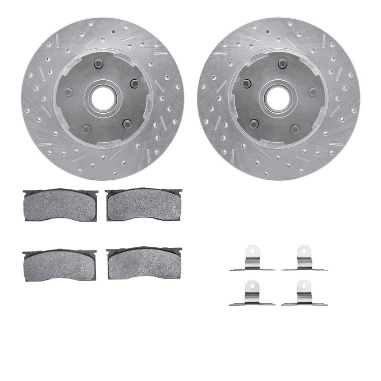 7512-54003 Drilled/Slotted Brake Rotors w/5000 Advanced Brake Pads Kit & Hardware [Silver], 1965-1967 Ford/Lincoln/Mercury/Mazda