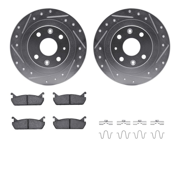 7512-54005 Drilled/Slotted Brake Rotors w/5000 Advanced Brake Pads Kit & Hardware [Silver], 1990-1996 Ford/Lincoln/Mercury/Mazda