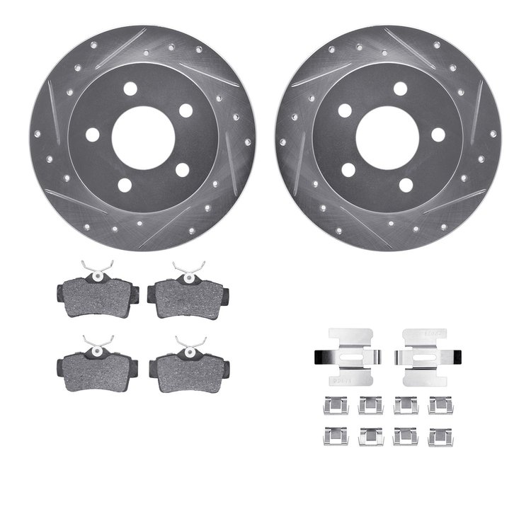 7512-54012 Drilled/Slotted Brake Rotors w/5000 Advanced Brake Pads Kit & Hardware [Silver], 1994-2004 Ford/Lincoln/Mercury/Mazda