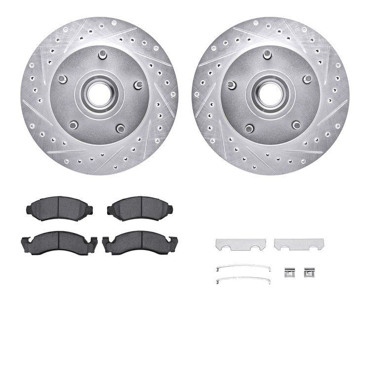 7512-54018 Drilled/Slotted Brake Rotors w/5000 Advanced Brake Pads Kit & Hardware [Silver], 1973-1985 Ford/Lincoln/Mercury/Mazda