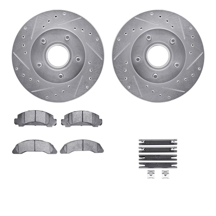 7512-54047 Drilled/Slotted Brake Rotors w/5000 Advanced Brake Pads Kit & Hardware [Silver], 1986-1987 Ford/Lincoln/Mercury/Mazda