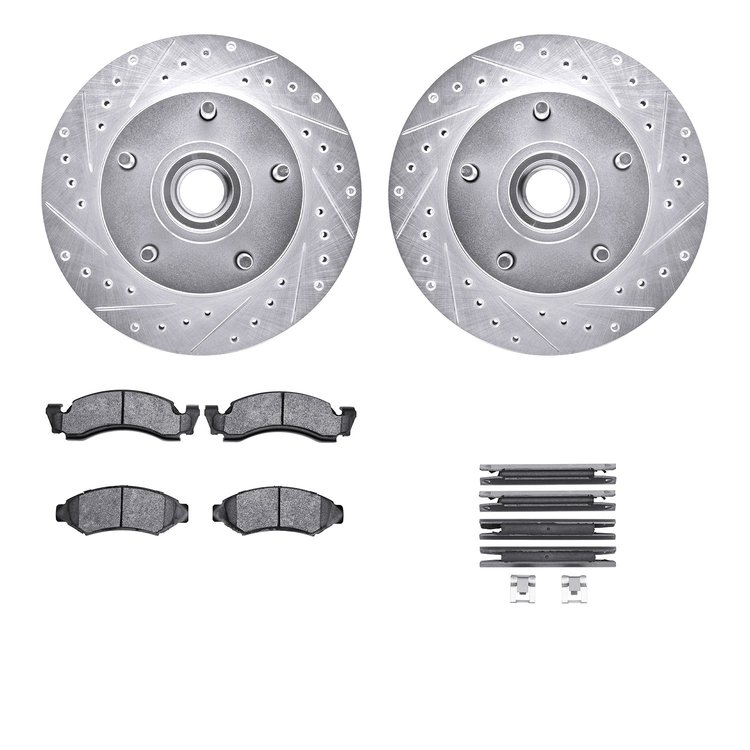 7512-54050 Drilled/Slotted Brake Rotors w/5000 Advanced Brake Pads Kit & Hardware [Silver], 1986-1993 Ford/Lincoln/Mercury/Mazda