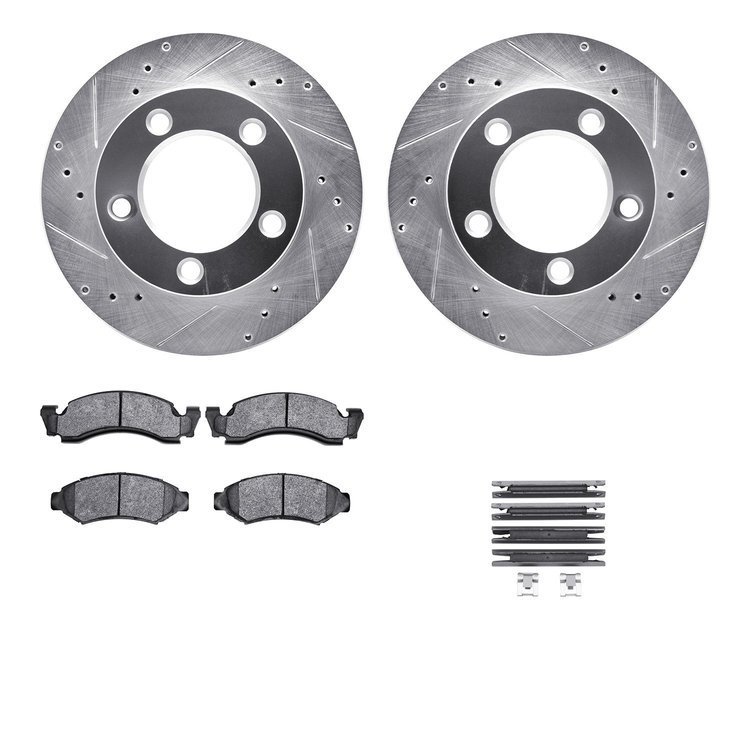 7512-54051 Drilled/Slotted Brake Rotors w/5000 Advanced Brake Pads Kit & Hardware [Silver], 1986-1993 Ford/Lincoln/Mercury/Mazda
