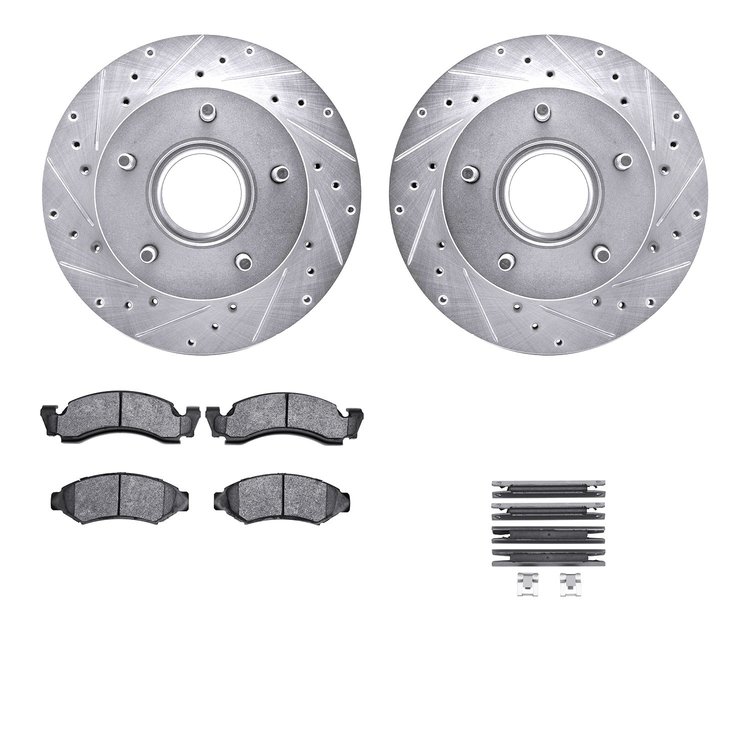 7512-54052 Drilled/Slotted Brake Rotors w/5000 Advanced Brake Pads Kit & Hardware [Silver], 1986-1988 Ford/Lincoln/Mercury/Mazda