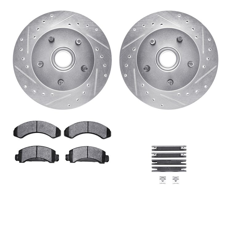 7512-54055 Drilled/Slotted Brake Rotors w/5000 Advanced Brake Pads Kit & Hardware [Silver], 1983-1994 Ford/Lincoln/Mercury/Mazda