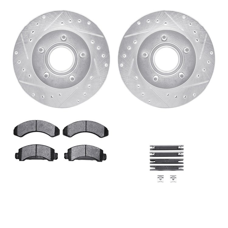 7512-54057 Drilled/Slotted Brake Rotors w/5000 Advanced Brake Pads Kit & Hardware [Silver], 1990-1994 Ford/Lincoln/Mercury/Mazda