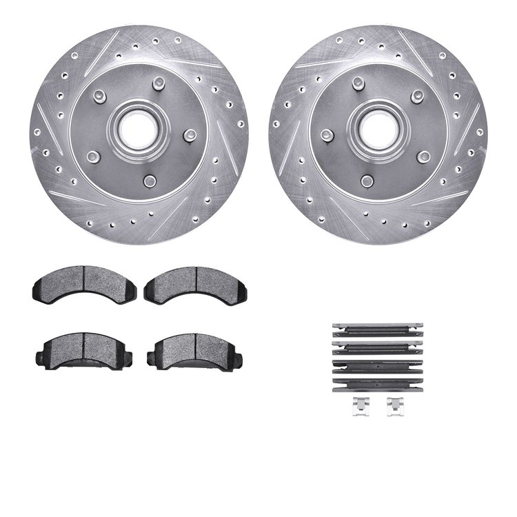 7512-54059 Drilled/Slotted Brake Rotors w/5000 Advanced Brake Pads Kit & Hardware [Silver], 1986-1992 Ford/Lincoln/Mercury/Mazda